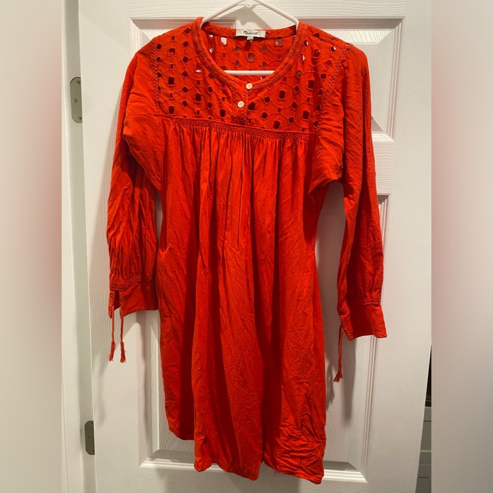Madewell Linen Blend Daybreak Eyelet Long Sleeve Dress Size XS Red Poppy EUC